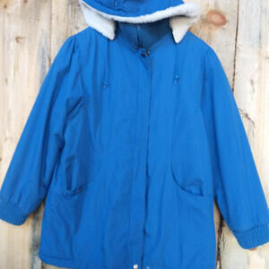 Vintage 80s Artic Point Granny Coat Blue Sherpa Hood Oversized Small